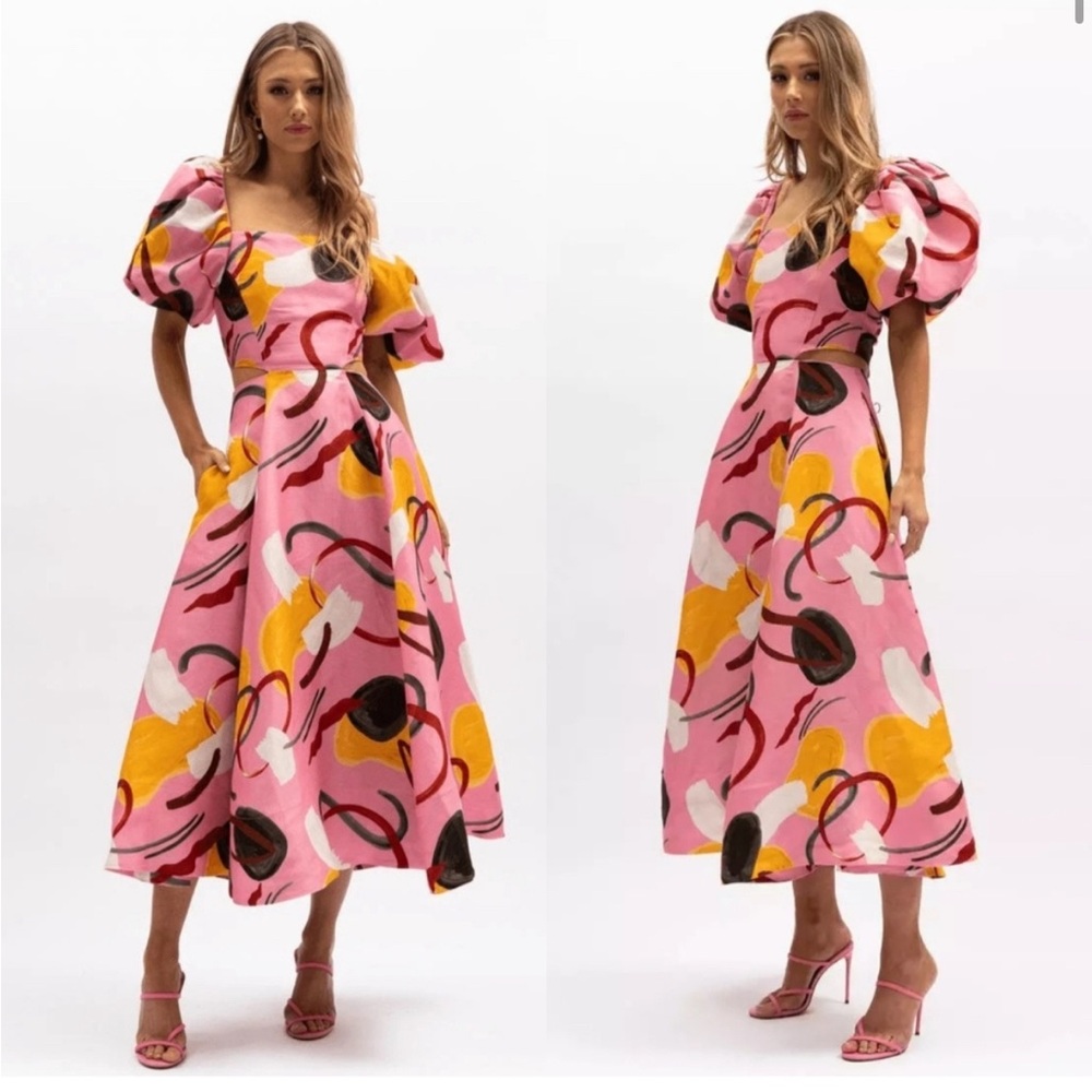 Auretta Vibrant Pink Abstract Women's Midi Dress